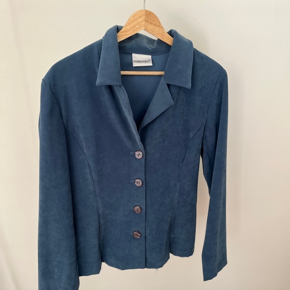 Vintage Fashion Bug Women's Blue Button Down Shirt with Collar - Suede Feel